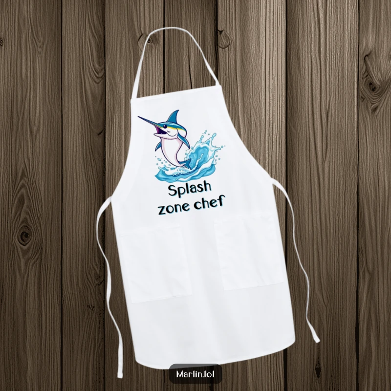 Funny marlin apron showing a determined fish leaping high from the water with a splash, protecting your clothes while cooking.