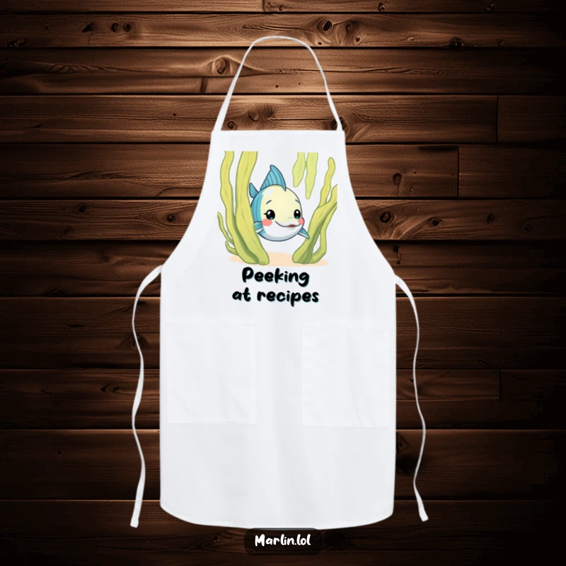 Funny Marlin Apron: A curious marlin character humorously peeks from behind a large, friendly seaweed frond, perfect for playful cooking.