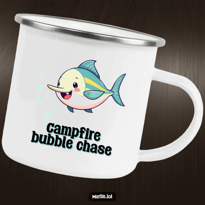 Funny marlin camping mug showing a cheerful fish playfully chasing sparkling bubbles, durable and fun for outdoor use.