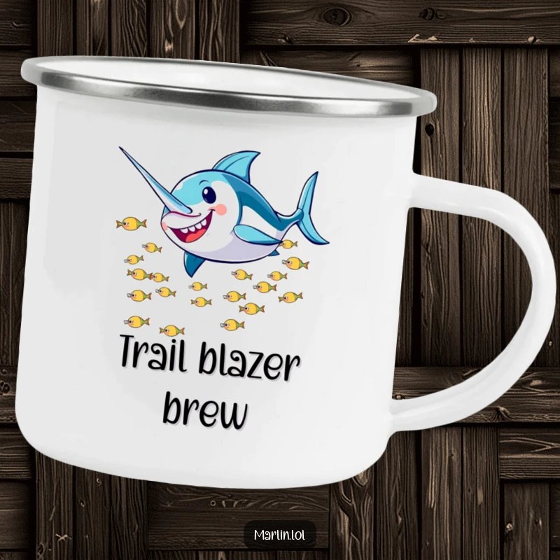 Funny Marlin Camping Mug: A smiling marlin character humorously zooms past a school of fish, ready for any outdoor adventure.