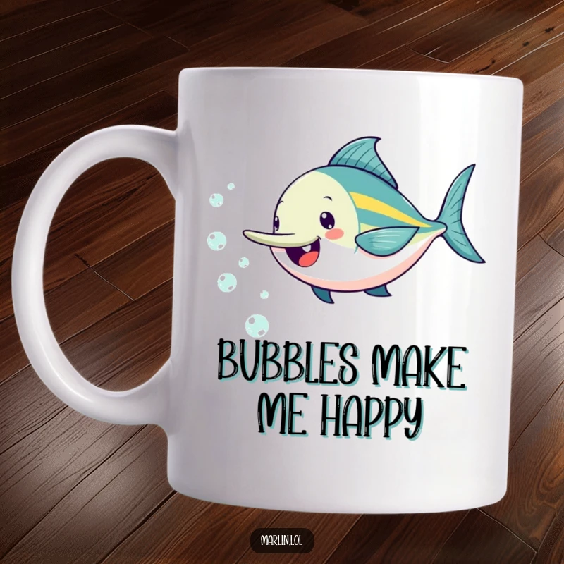 Funny marlin mug showing a cheerful fish playfully chasing tiny, sparkling bubbles in the water, evoking joy.