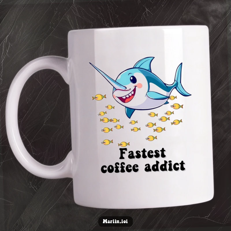 Funny Marlin Mug: A smiling marlin character playfully zooms past a school of tiny fish, conveying speed and fun.