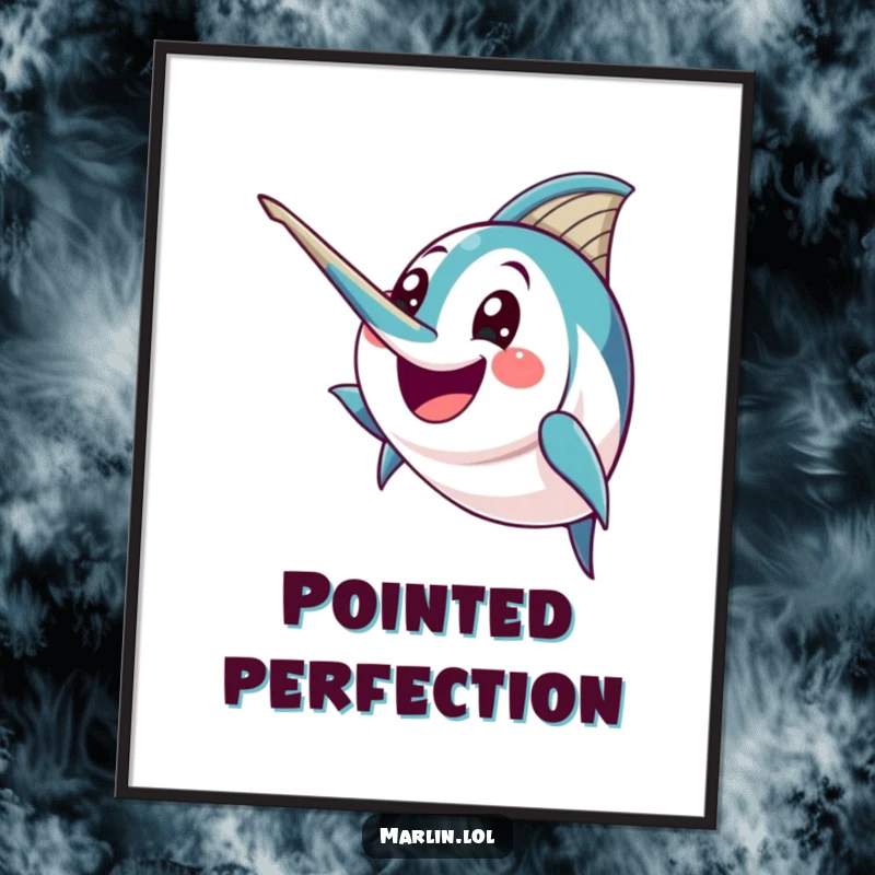 Funny Marlin Digital Art Print: A happy marlin character humorously brandishes its pointed bill with excitement, creating bold ocean art.