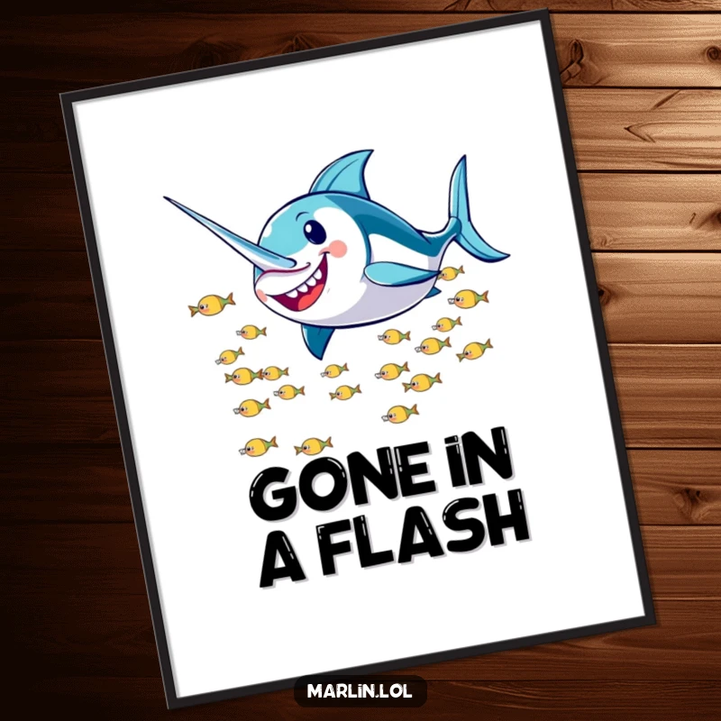 Funny Marlin Digital Art Print: A smiling marlin character humorously zooms past a school of small fish, capturing energetic ocean vibes.