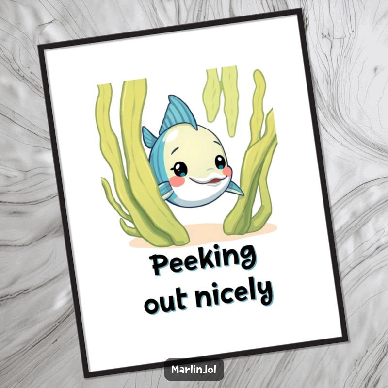 Funny Marlin Digital Art Print: A curious marlin character humorously peeks from behind a large, friendly seaweed frond in this charming art.