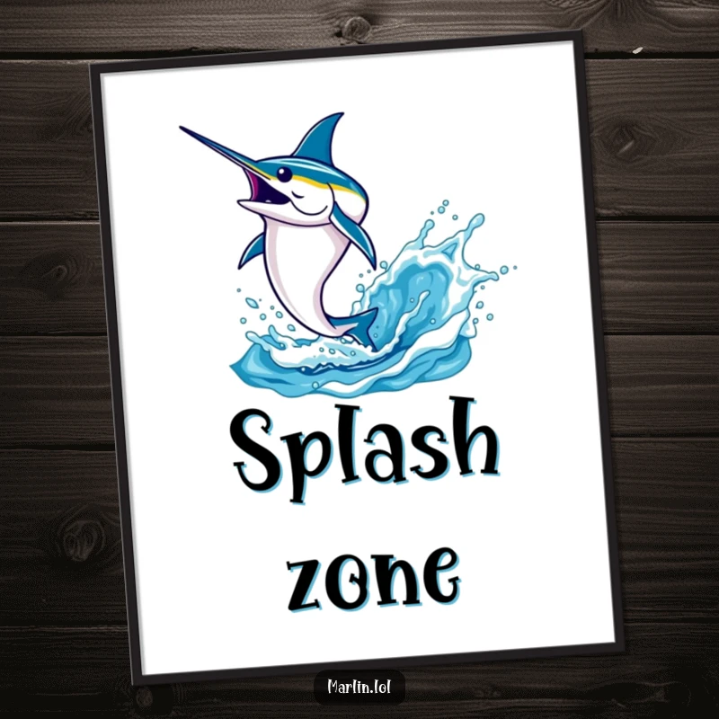 Funny marlin digital art print of a determined fish leaping high from the water with a powerful splash, ready for download.