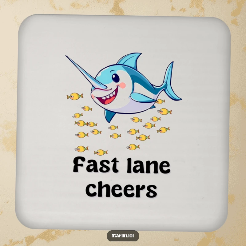 Funny Marlin Coaster: A smiling marlin character humorously zooms past a school of fish, protecting your surfaces with speed.