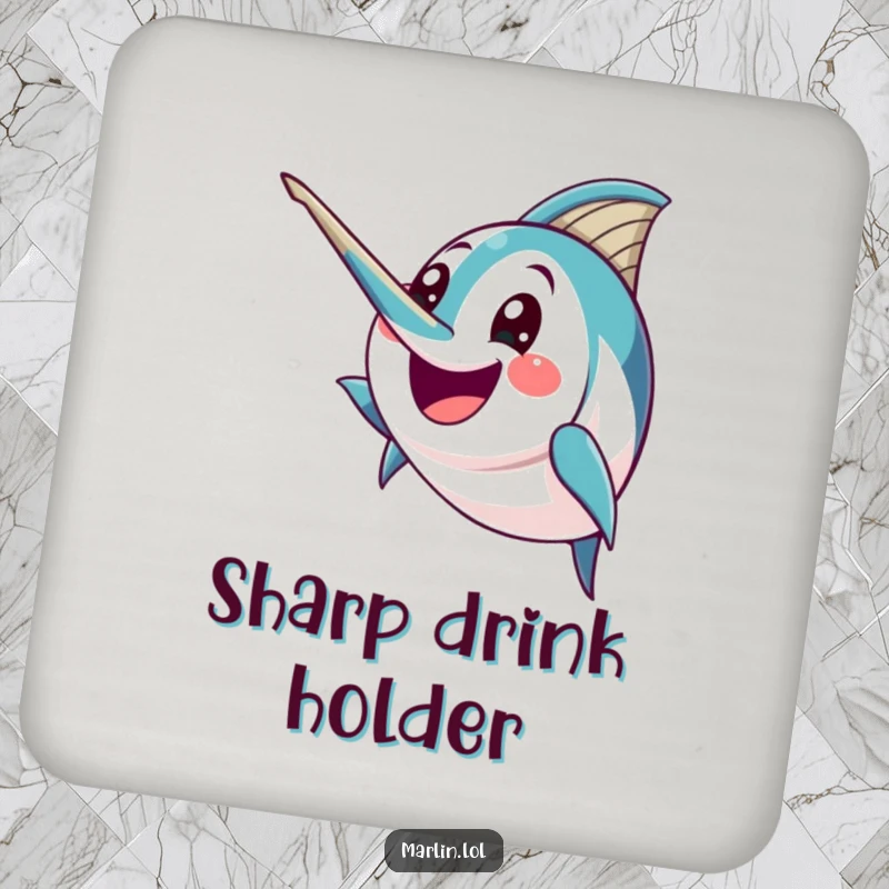 Funny Marlin Coaster: A happy marlin character humorously brandishes its pointed bill with excitement, offering bold protection.