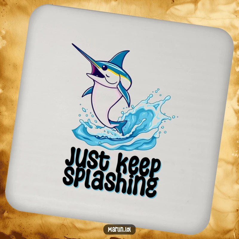Funny marlin coaster featuring a determined fish leaping high out of the water with a splash, protecting surfaces.