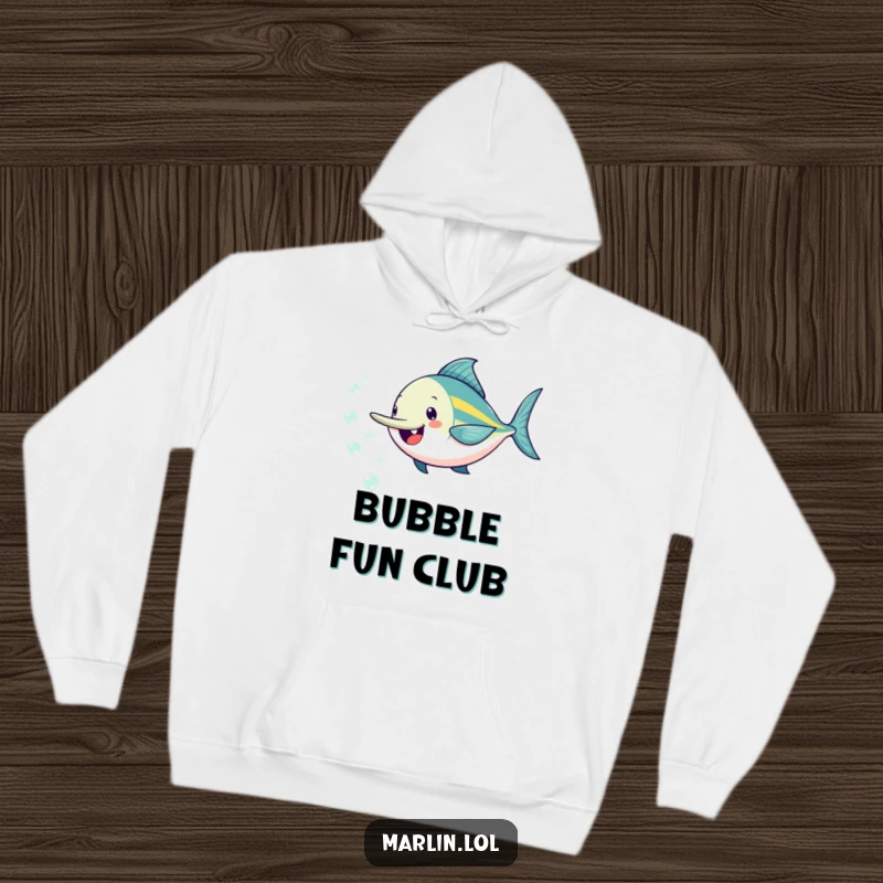Funny marlin hoodie with a cheerful fish playfully chasing sparkling bubbles, offering warmth and a dose of fun.