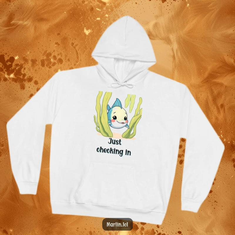 Funny Marlin Hoodie: A curious marlin character humorously peeks from behind a friendly seaweed frond, offering cozy charm.