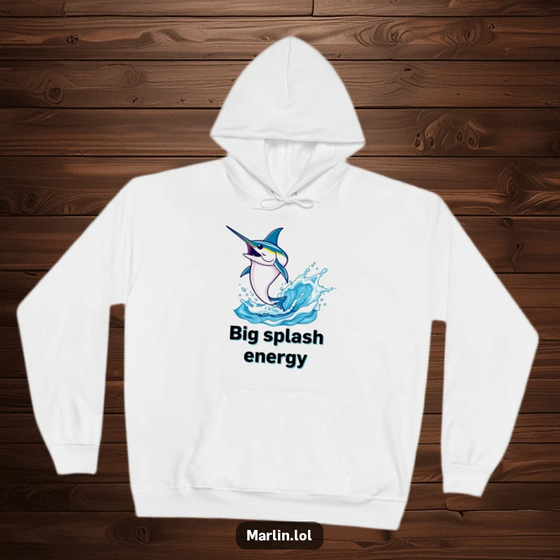 Funny marlin hoodie depicting a determined fish in mid-air, leaping high from the water with a splash, perfect for chilly days.