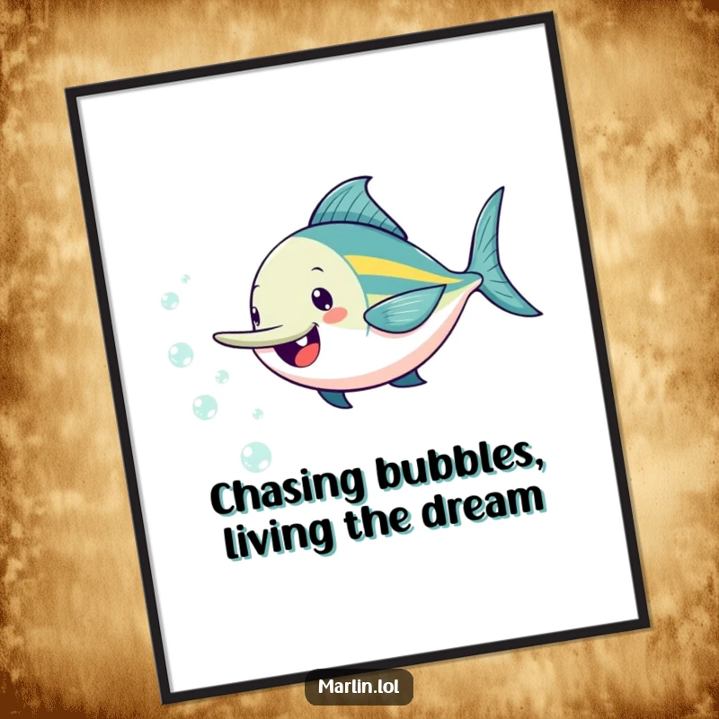 Funny Free Printable Wall Art: A happy marlin joyfully chasing a cluster of sparkling bubbles, creating a lighthearted and humorous underwater scene.