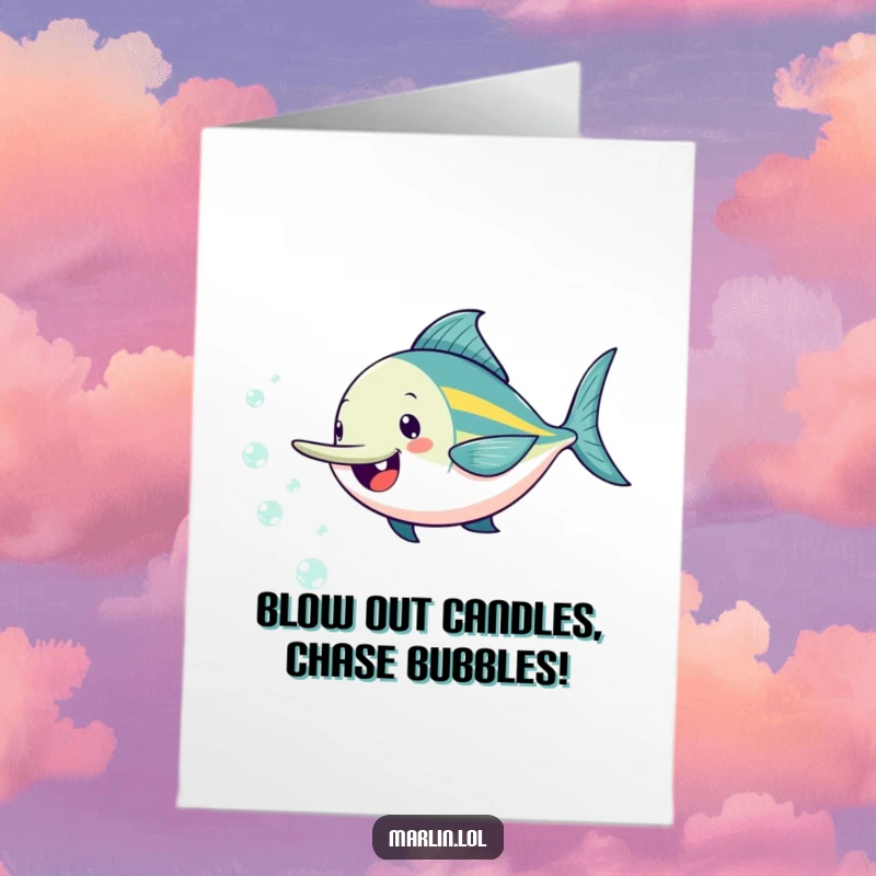 Funny Free Printable Birthday Card: Cheerful marlin joyfully chasing tiny, sparkling bubbles in clear blue water for a birthday surprise.