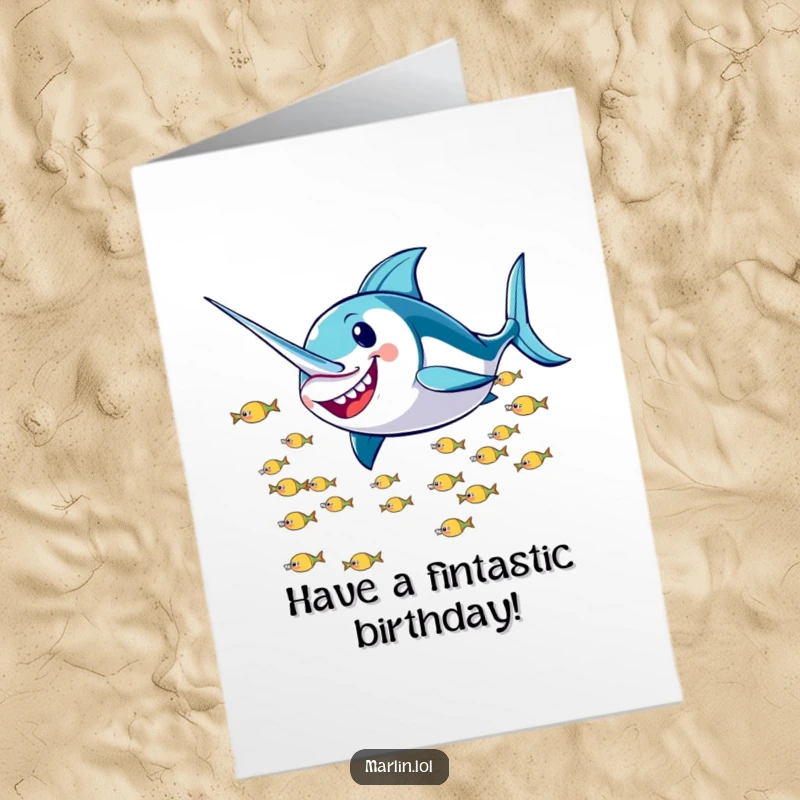 Funny Free Printable Birthday Card: A smiling marlin zooms past tiny fish, celebrating with speed and a dash of humor.
