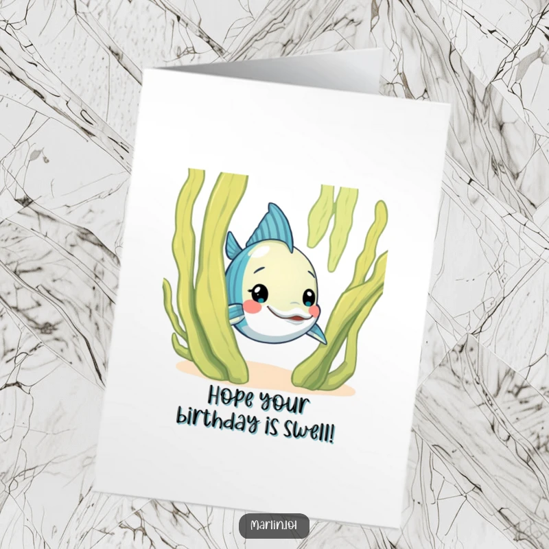 Funny Free Printable Birthday Card: A curious marlin peeks playfully from behind a large, green seaweed frond, wishing a happy birthday.