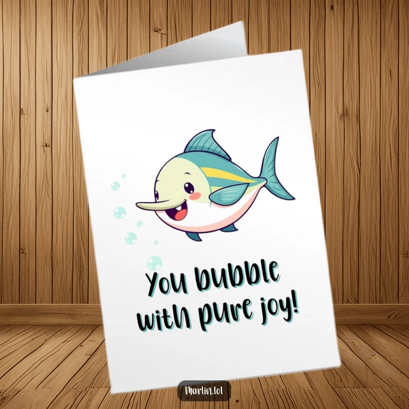 Funny Free Printable Congratulations Card: A happy marlin playfully pursuing a stream of tiny, effervescent bubbles, symbolizing joyful success.