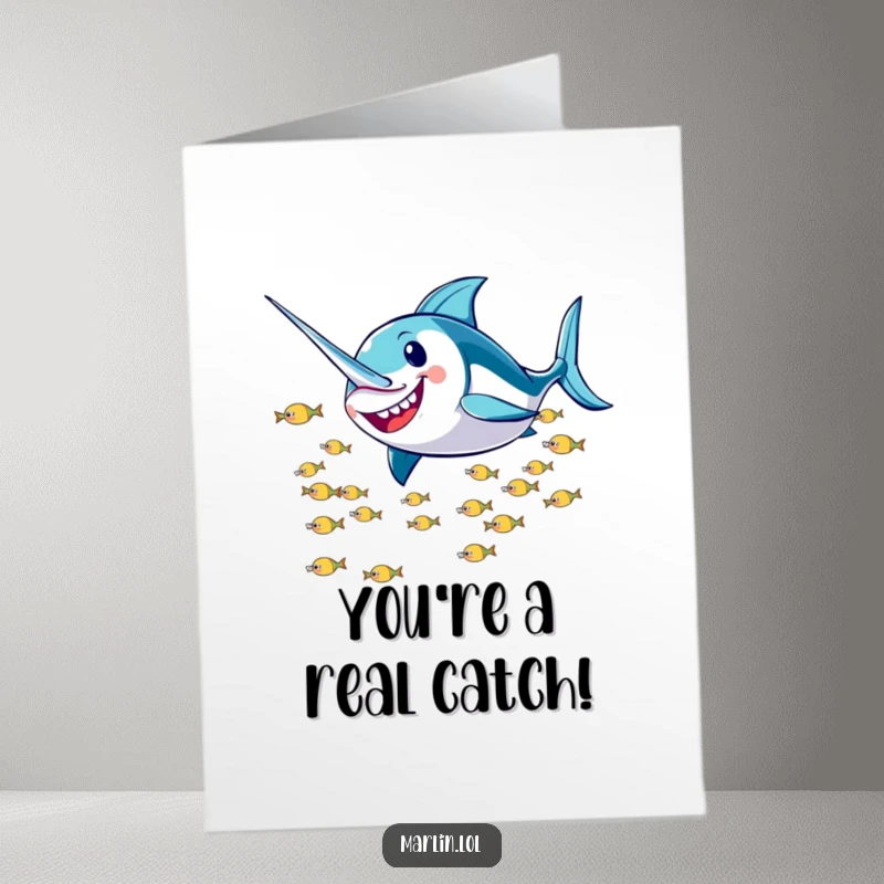 Funny Free Printable Congratulations Card: A happy marlin speeds past a school of little fish, cheering for their big win.
