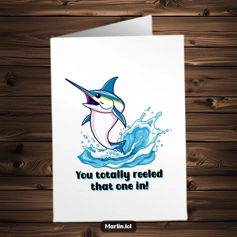 Funny Free Printable Congratulations Card: Energetic marlin jumping high out of water, symbolizing a triumphant achievement and exciting success.