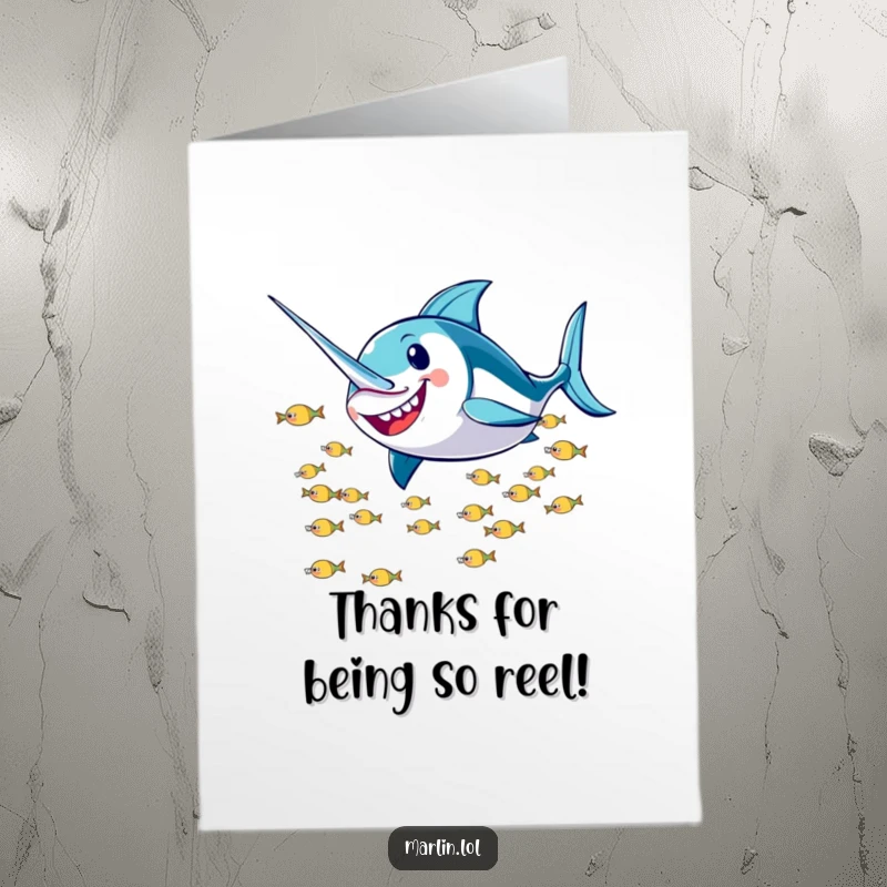 Funny Free Printable Thank You Card: A smiling marlin streaks past small fish, conveying thanks with energetic, humorous flair.
