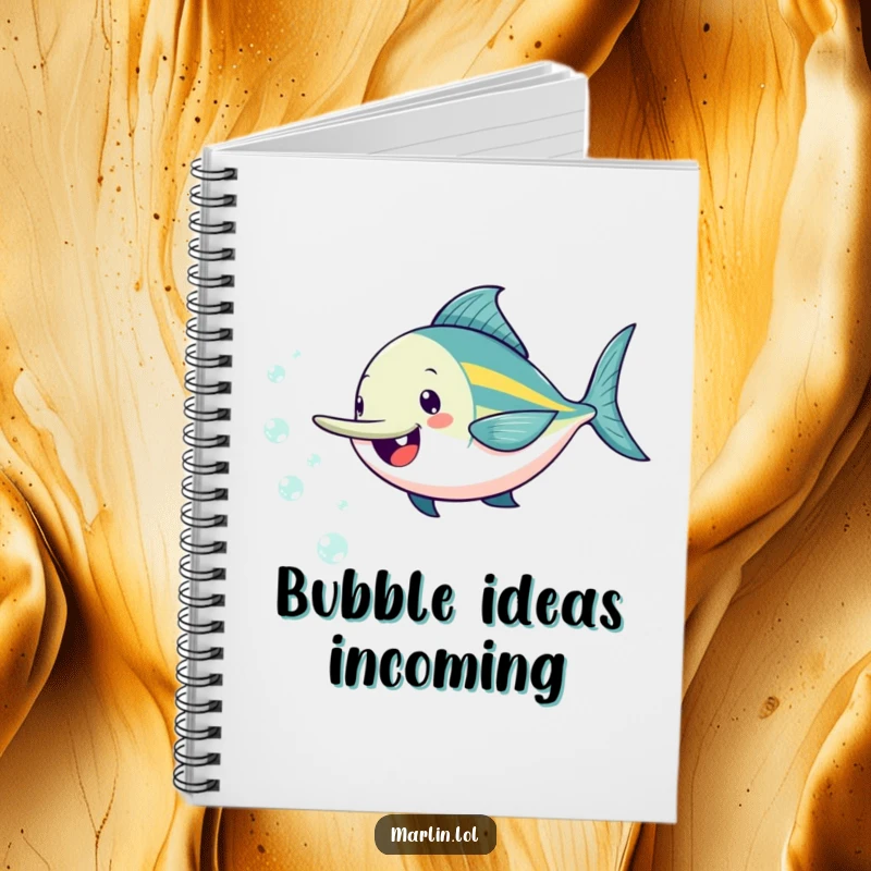 Funny marlin notebook with a cheerful fish playfully chasing tiny, sparkling bubbles, ideal for writing and drawing.