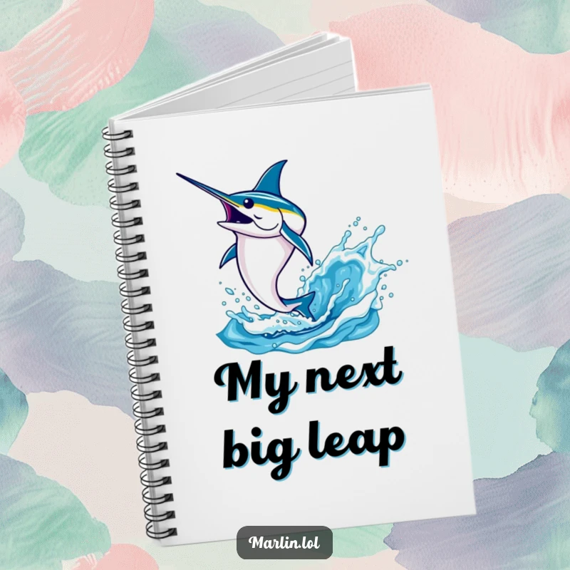 Funny marlin notebook with a determined fish leaping high out of the water, splash details, ideal for jotting down notes.
