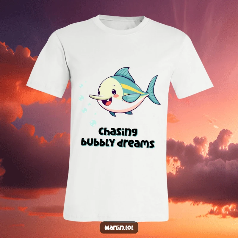 Funny marlin t-shirt featuring a cheerful fish playfully chasing small, sparkling bubbles, radiating happiness and fun.