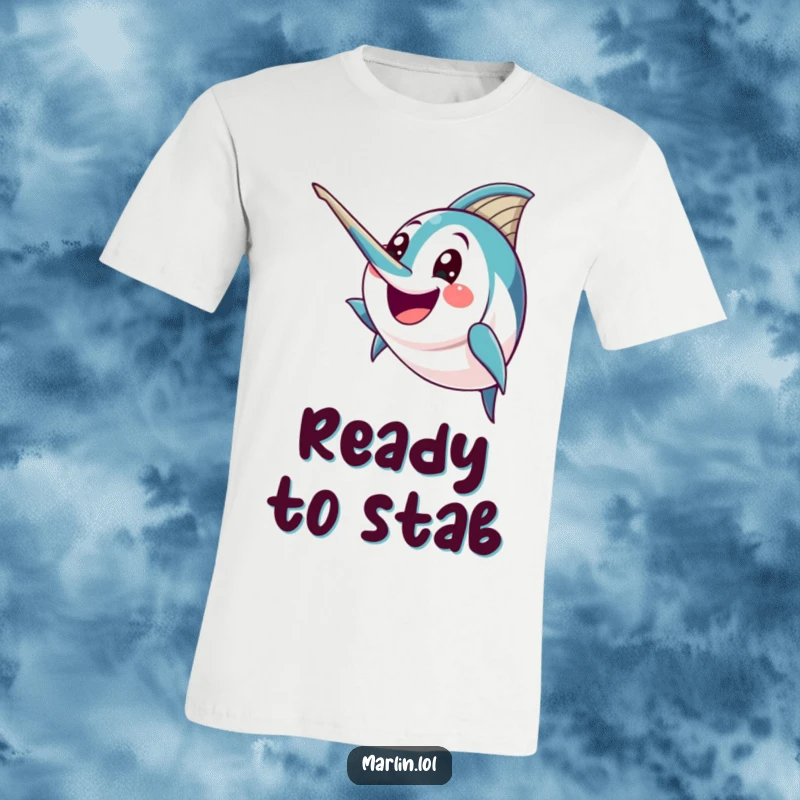 Funny Marlin T-Shirt: A happy marlin character is depicted humorously brandishing its pointed bill with great excitement.