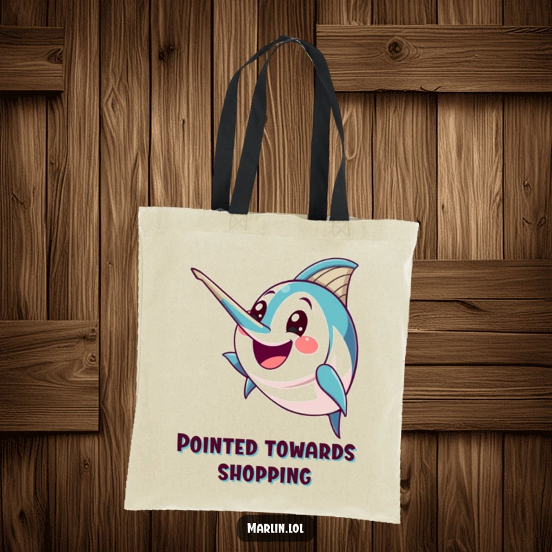 Funny Marlin Tote Bag: A happy marlin character humorously brandishes its pointed bill with excitement, ready for action.