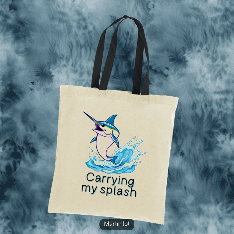 Funny marlin tote bag showcasing a determined fish leaping high out of the water with a dynamic splash, ideal for everyday use.