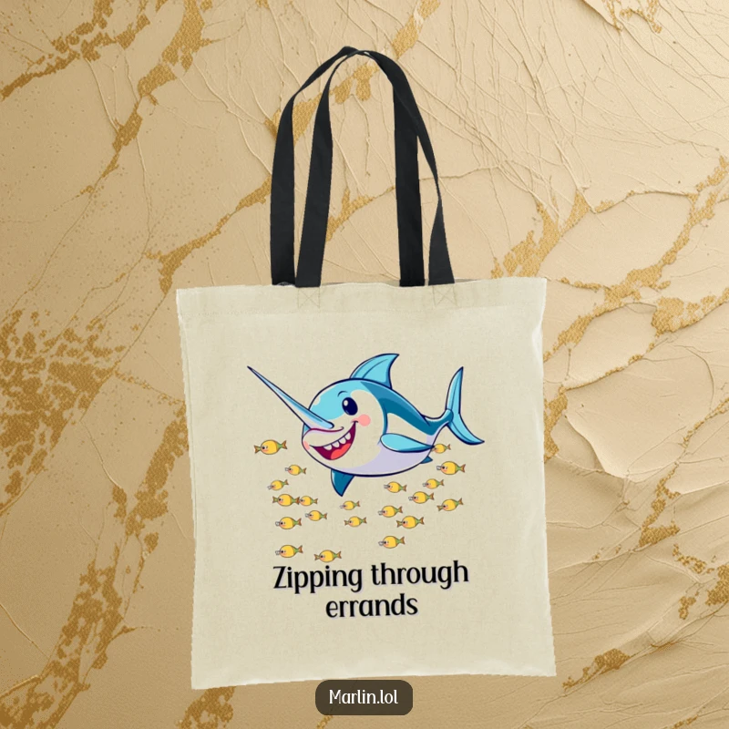Funny Marlin Tote Bag: A smiling marlin character is humorously shown zooming past a school of small fish, perfect for errands.