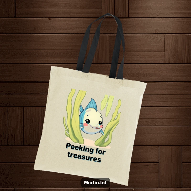 Funny Marlin Tote Bag: A curious marlin character humorously peeks from behind a large, friendly seaweed frond, ready for adventures.